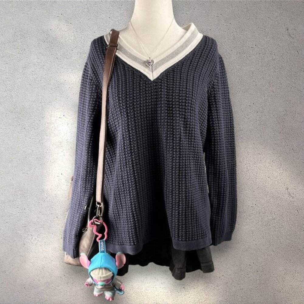 Liz Claiborne Chunky Knit V-Neck Sweater Women’s XLT Navy Preppy Academia Cozy